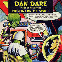 The puzzle picture (The Mekon confronts Dan Dare via a 3-D video-phone) as it looks when completed